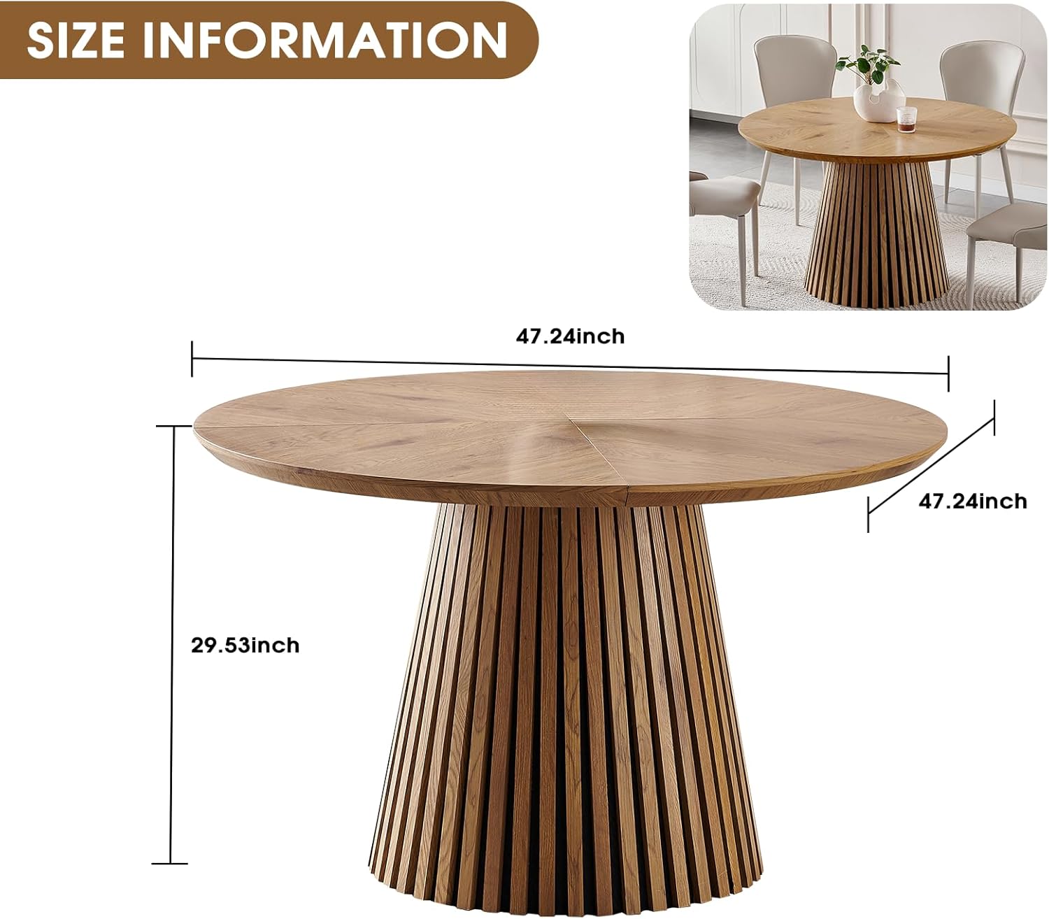 ODC 47" Modern Round Dining Table for 4, Natural Wood Grain Kitchen Table with Slatted Pedestal Base, Mid-Century Round Table for Dining Room, Small Dining Table for Kitchen & Home Office, Table Only