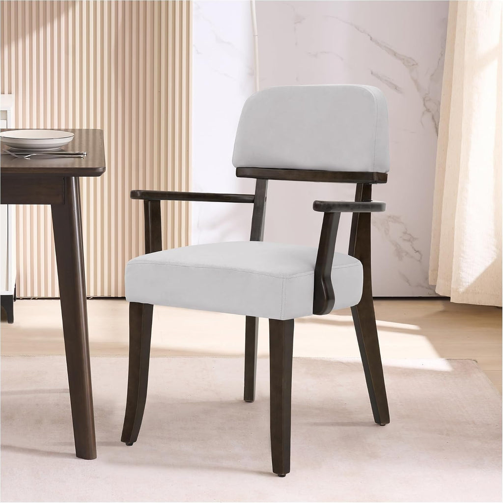 adochr Modern Wood Dining Chairs with Arms, Velvet Upholstered Kitchen Chairs with Hardwood Legs & Open Curved Backrest, Accent Chairs 350 LBS Capacity, Grey