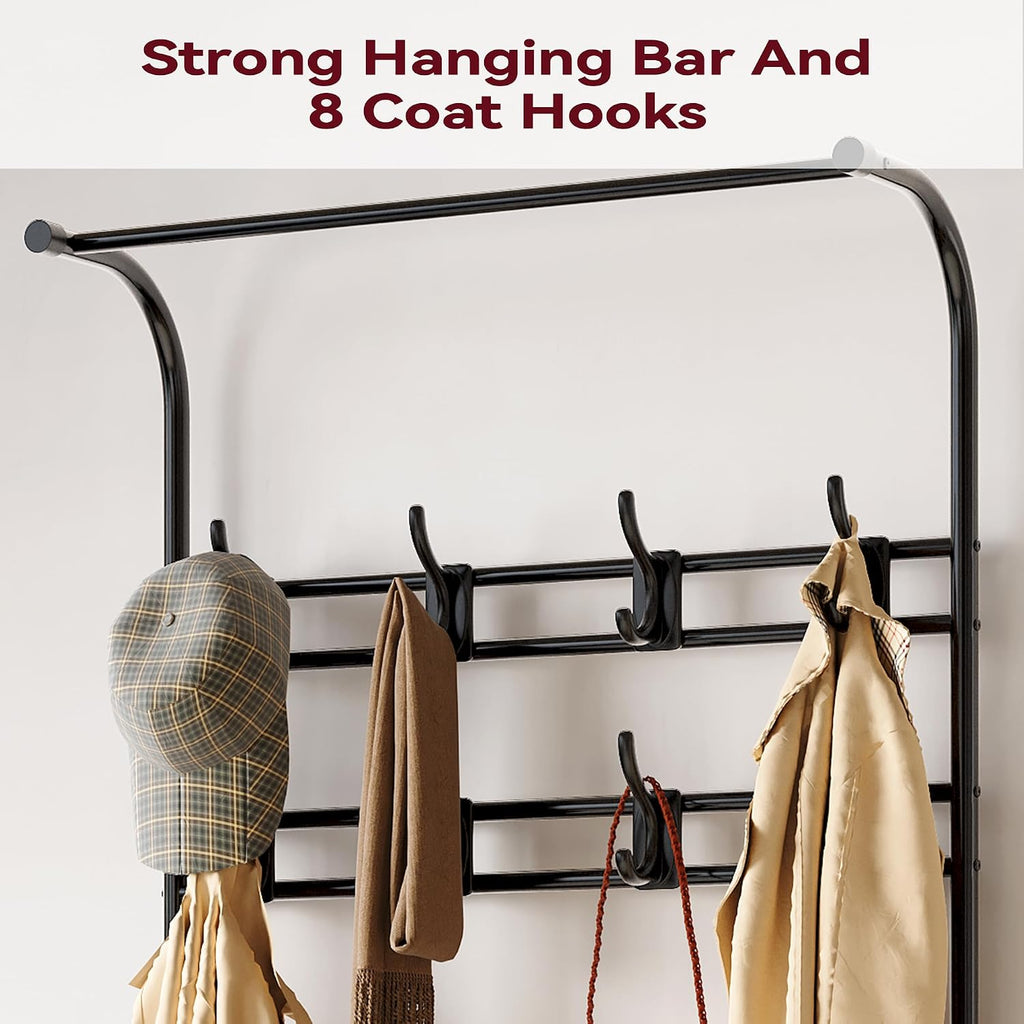 IDEALHOUSE Narrow Hall Tree Storage Bench, 4-in-1 Coat Rack with 3-Tier Shelf and 8 Hooks, Rustic Grey