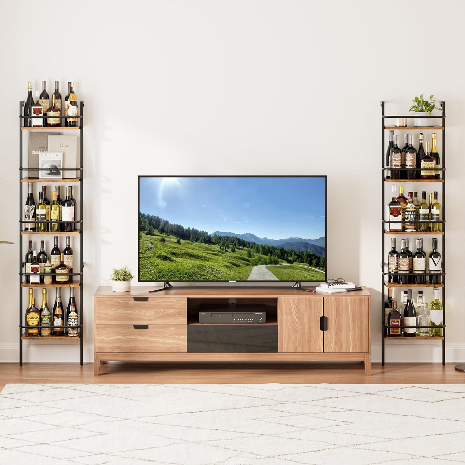 5-Tier Wine Rack Wall Mounted, Wine Racks Freestanding Floor with Fences, 50 Bottles Wine Bottle Holder Liquor Cabinet Bar Shelves for Home, Kitchen, Dining Room (Brown)