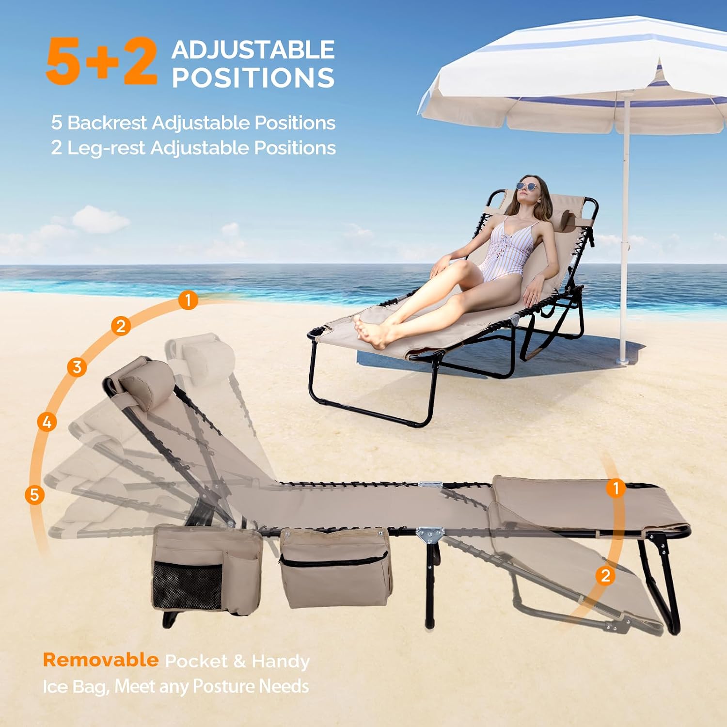 VINGLI Oversized Tanning Chair with Face Hole & Carrying Bag, Beach Lounge Chair Outdoor for Adults, Folding Lounge Chair for Sun Tanning, Laying Out Chairs for Tanning Lounger Outside, 475lbs, Beige
