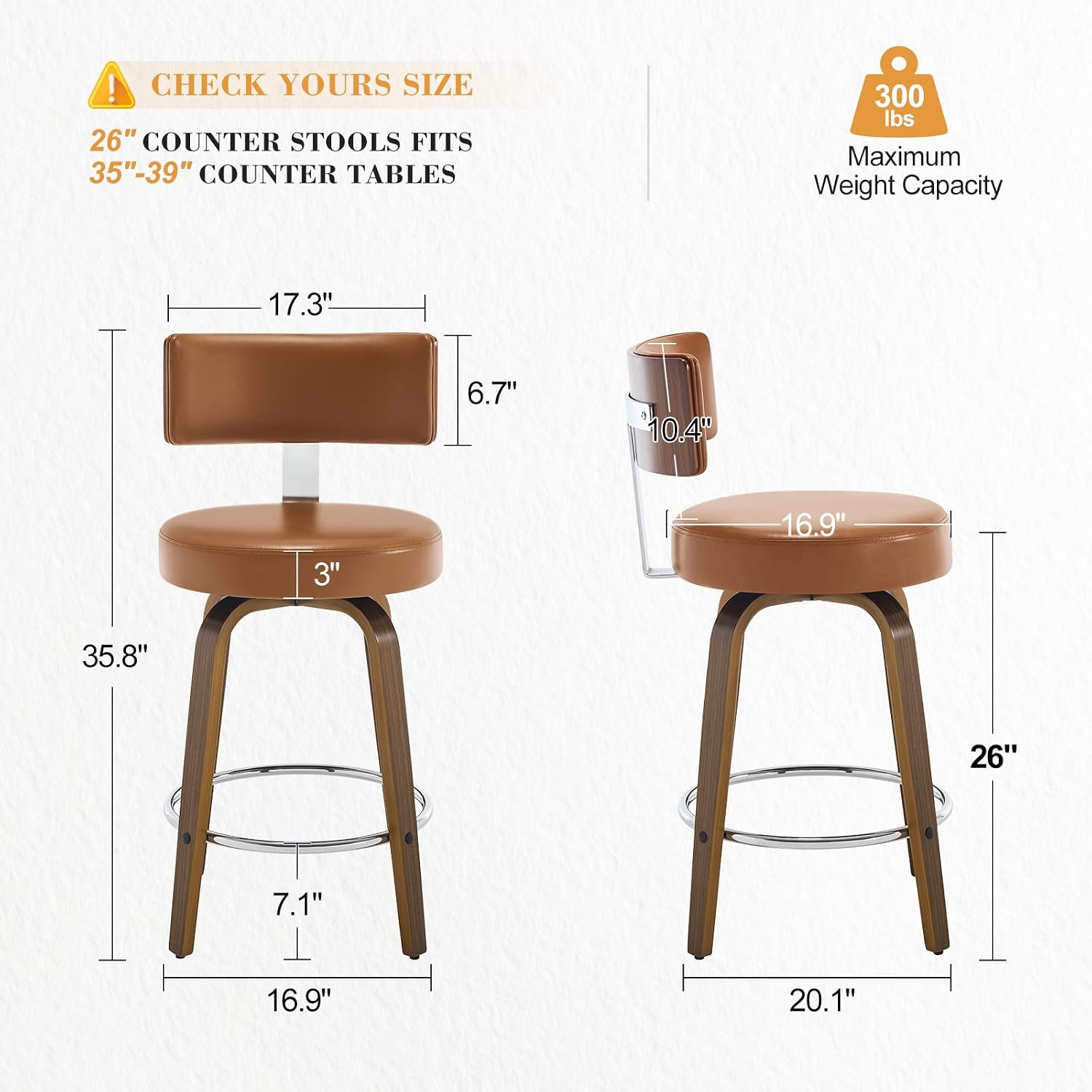 Bekrvio Swivel Counter Height Bar Stools Set of 3, 26" Faux Leather Kitchen Stools Upholstered Barstools with Back and Walnut Wood Legs, Mid Century Island Chairs Counter Stools, Brown
