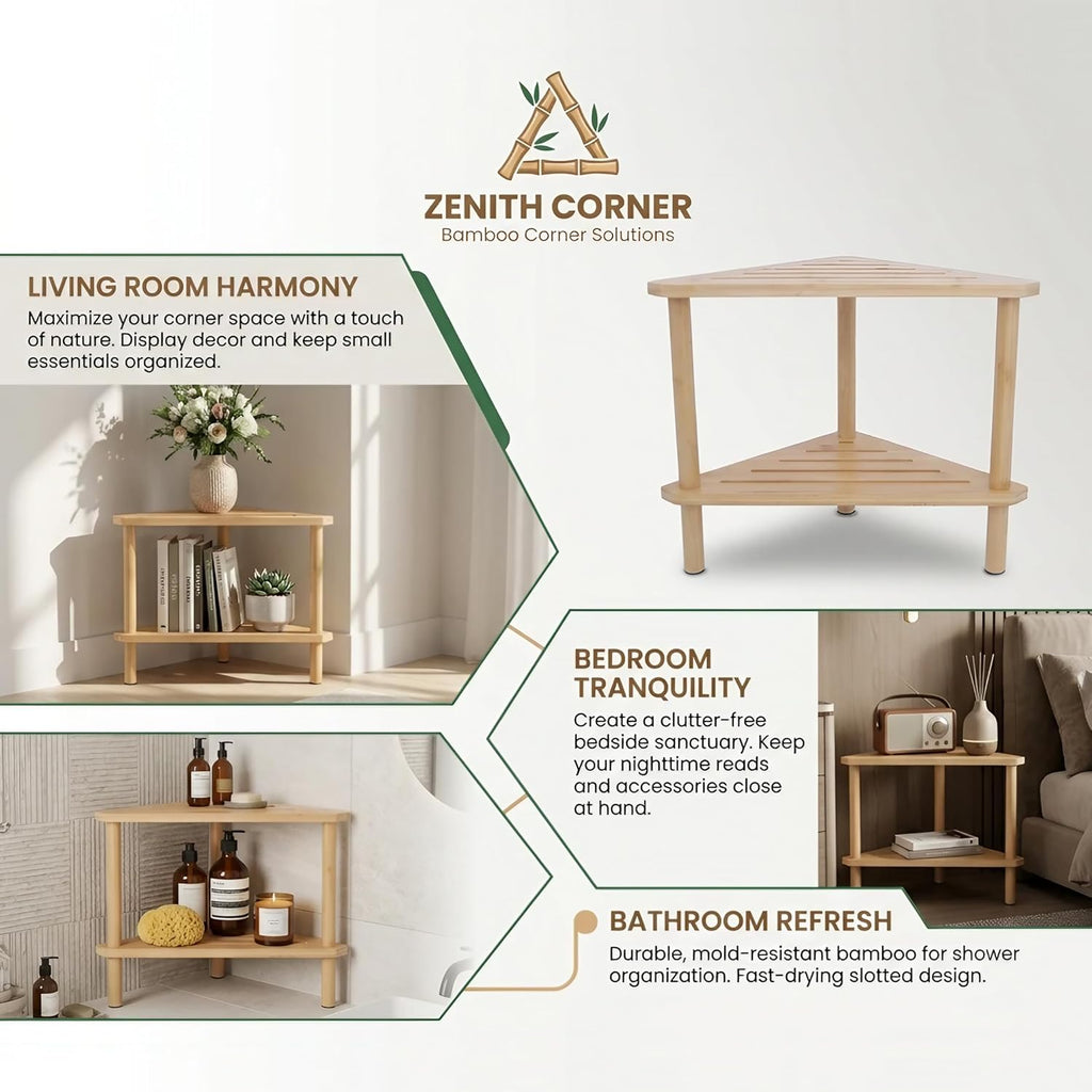 Corner Shower Stool for Shaving Legs, Corner Organizer | Waterproof, Durable, Bamboo, 2-Tier, Easy Assembly