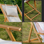 Wood Portable Reclining Beach Chair, 4 Level Height Adjustable Reclining Chairs with Wood Frames and Cushioned Headrest, for Indoor Outdoor Garden, Backyard, Poolside