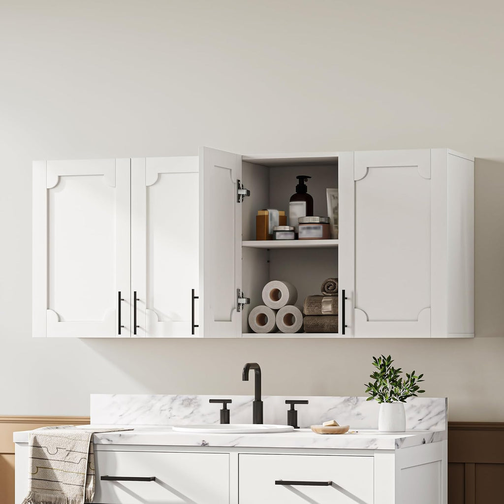 Treocho White Laundry Room Cabinet with 4 Doors, Modern Bathroom Cabinet Wall-Mounted with Adjustable Shelf, Kitchen Wall Storage Medicine Cabinet for Living Room,Garage