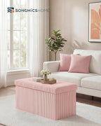 SONGMICS Home Ottoman with Storage, Removable Lid, Folding Storage Chest, Easy Assembly, for Entryway, Bedroom, Living Room, 15.2 x 30.2 x 15.2 Inches, Corduroy, Light Pink