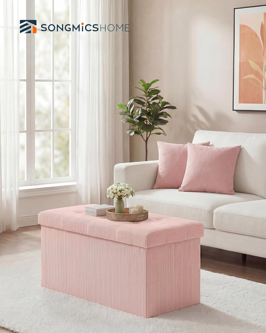SONGMICS Home Ottoman with Storage, Removable Lid, Folding Storage Chest, Easy Assembly, for Entryway, Bedroom, Living Room, 15.2 x 30.2 x 15.2 Inches, Corduroy, Light Pink