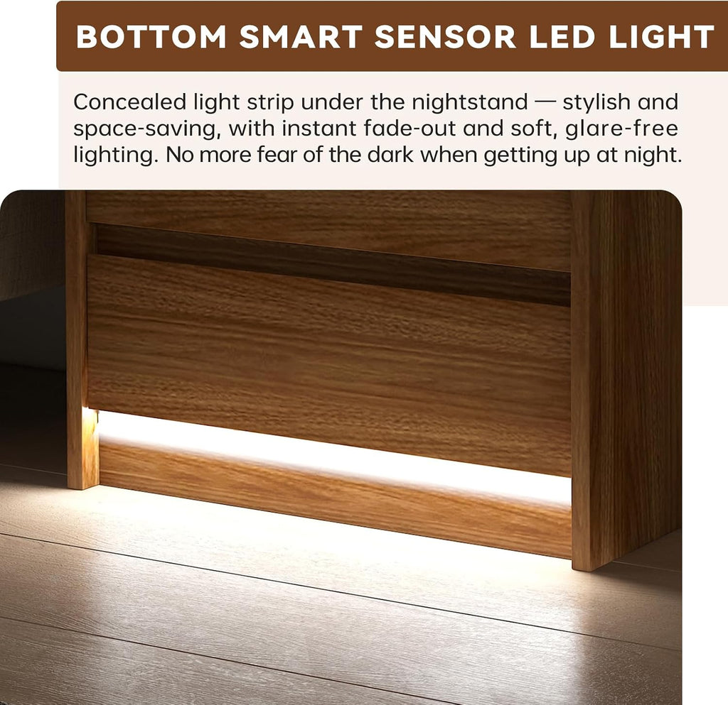 23.6" Walnut Nightstand Set of 2 with Charging Station, Motion-Activated LED Light & Soft Close Lockable Drawer, Anti-Collision Mid Century Modern Bedside Table with 500 LB Capacity & Hidden Storage