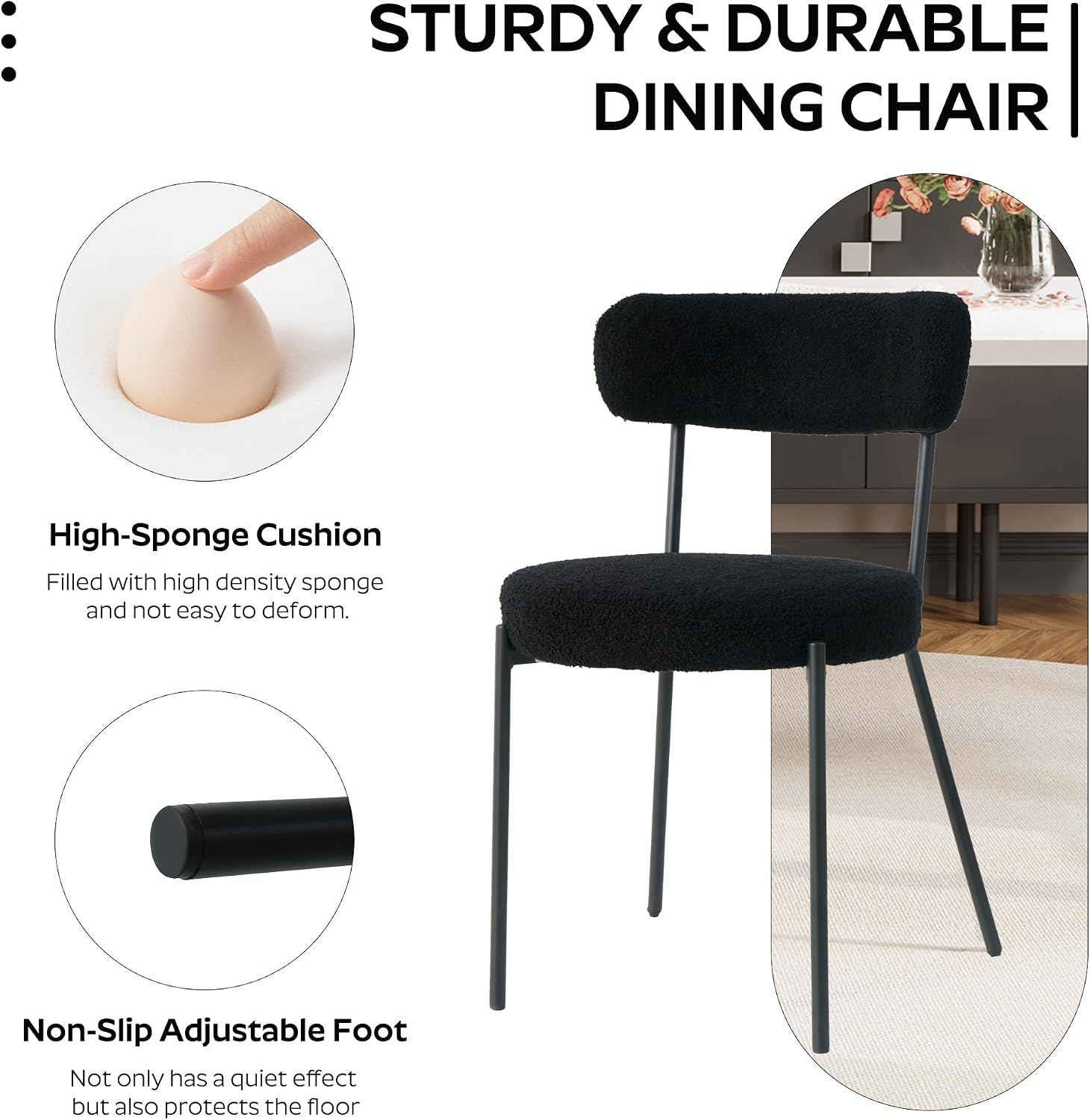 Modern 5-Piece Round Dining Table Set,Circle Black MDF Table & 4 Black Boucle Dining Chairs, Metal Frame Kitchen Furniture for Small Spaces(36-Inch)