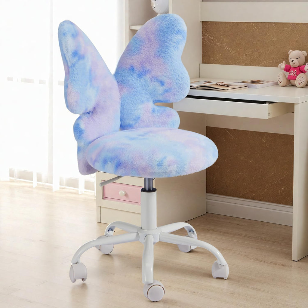 HOMREST Chair with Wheels,Cute Fluffy Desk Chair for Girls with Butterfly Back,Adjustable Seat Height, Faux Fur Swivel Vanity Chairs for Children Bedroom & Reading Room, Study/Vanity,Colorful Blue