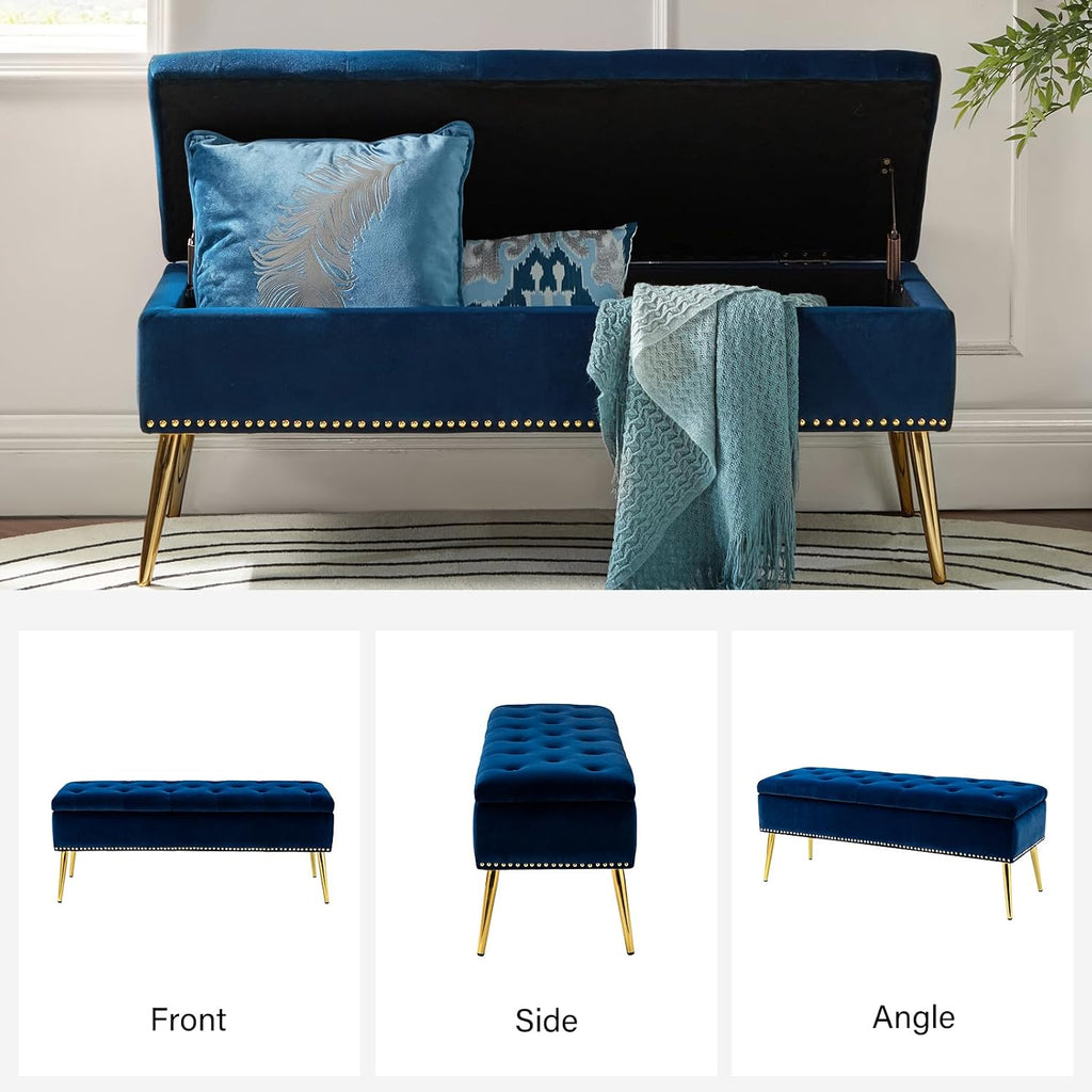 45.5" Luxury Velvet Storage Ottoman Bench with Button Tufted & Nailhead Trim, Upholstered Entryway Benches with Gold Legs, Multi-Functional Footstool for Bedroom End of Bed, Navy