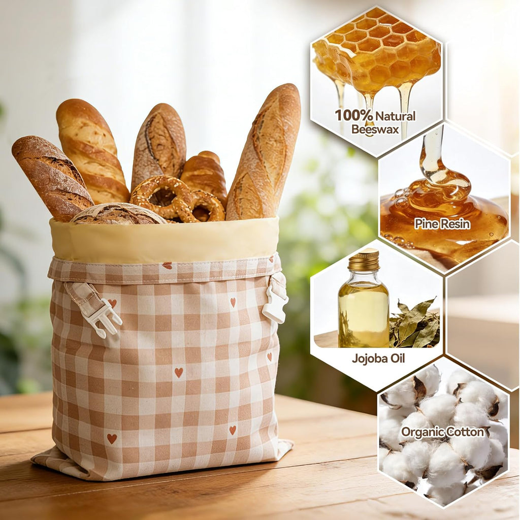Beeswax Bread Bags for Sourdough, 2 pcs Reusable XL Zipper Beeswax Bread Bags for Homemade Bread Sourdough, Cotton Linen Food Storage Bag for Picnics, Pantry, Long-Lasting Freshness (Rose+Checkered)