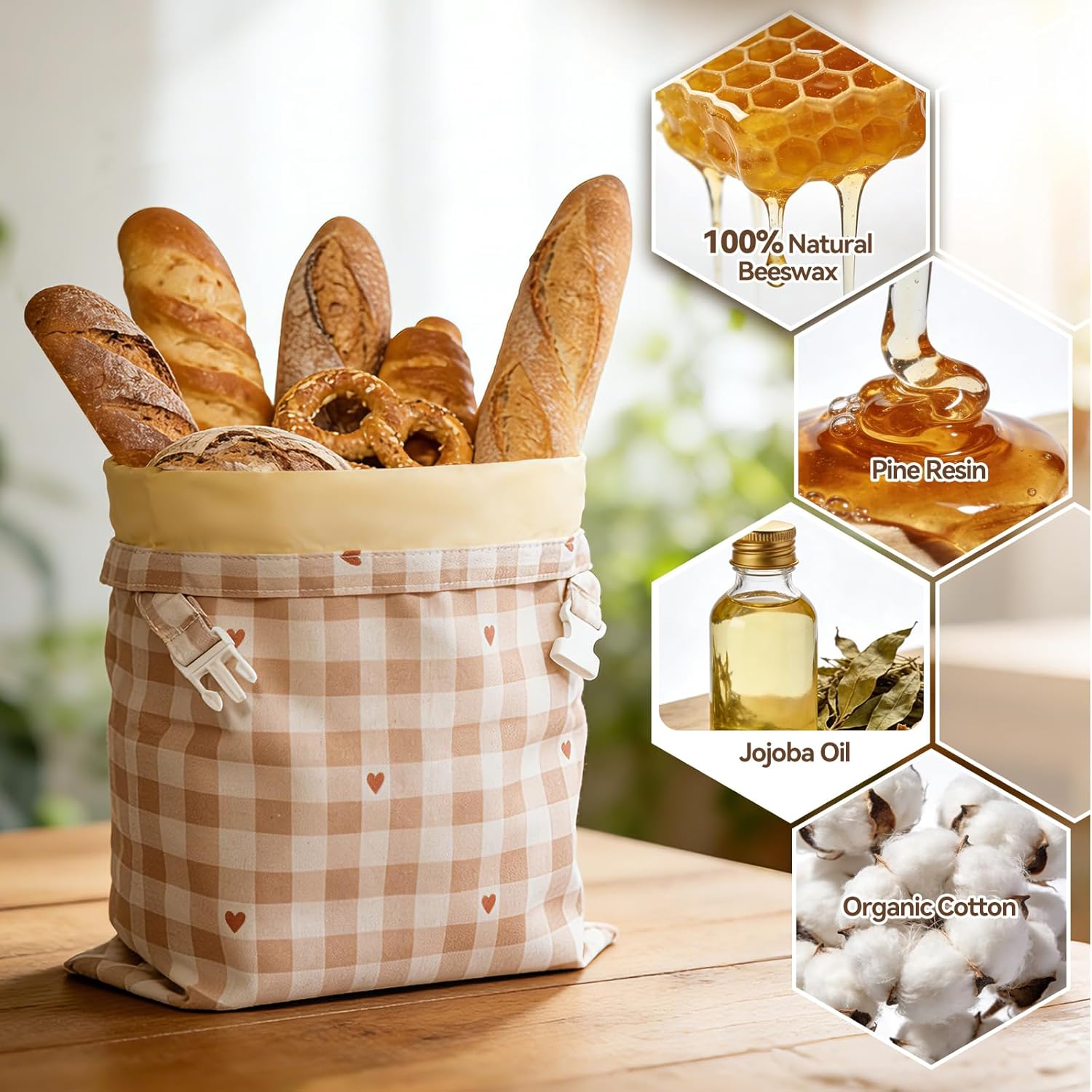 Beeswax Bread Bags for Sourdough, 2 pcs Reusable XL Zipper Beeswax Bread Bags for Homemade Bread Sourdough, Cotton Linen Food Storage Bag for Picnics, Pantry, Long-Lasting Freshness (Rose+Checkered)