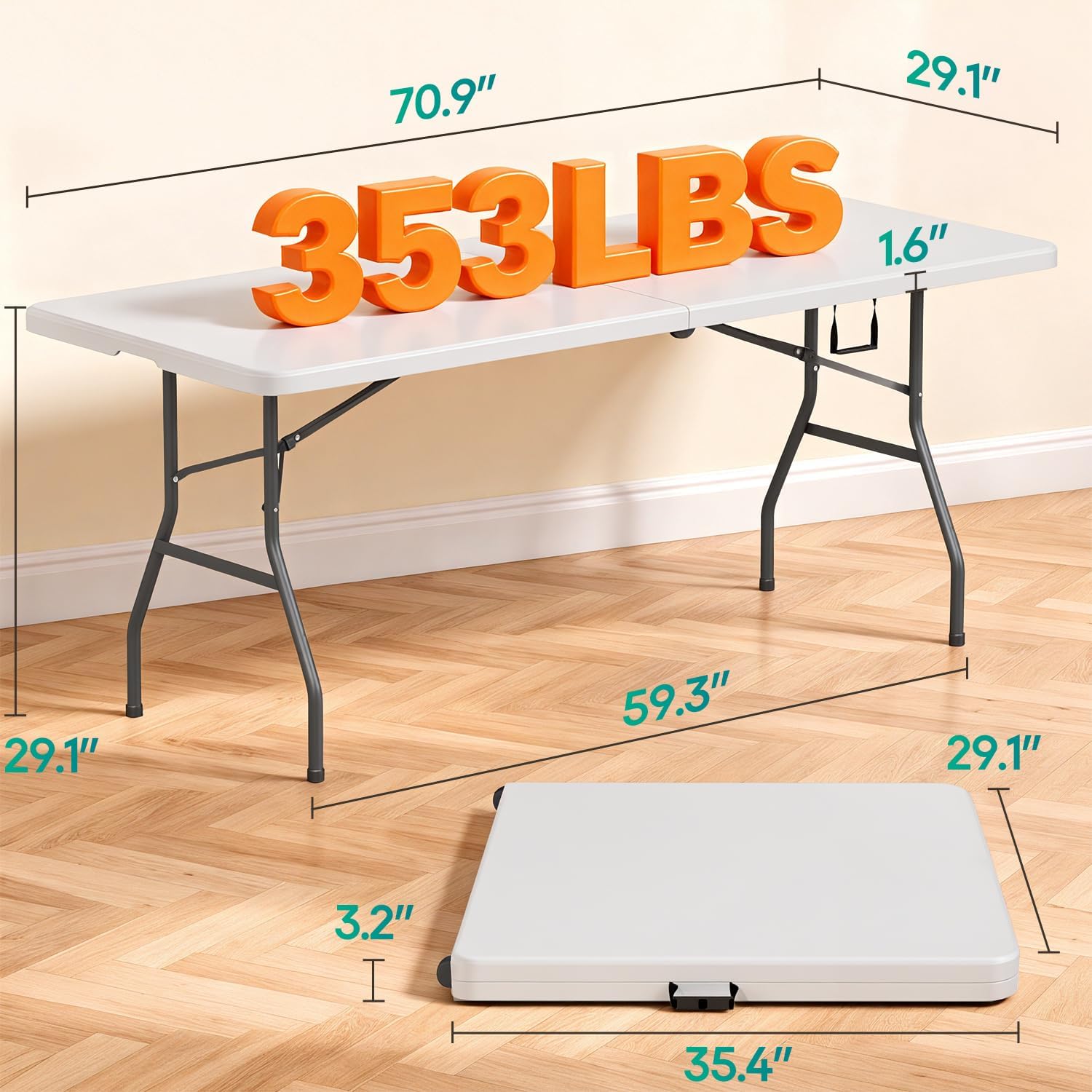 FDW 6FT Folding Table, Portable Fold-in-Half Plastic Picnic Party Table with Carrying Handle (White