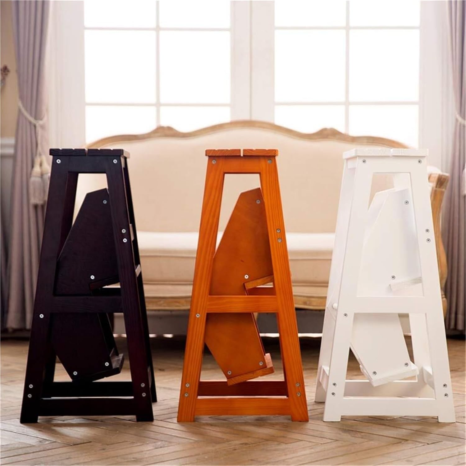 Step Stool 3-Step White Wooden Folding Stepladder & Step Stool - Lightweight Safety Ladder for Home Library Loft Shelving - 150kg Capacity