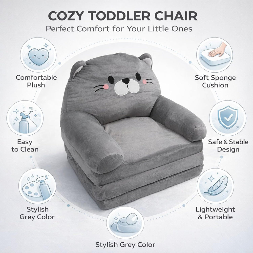 Kids Couch Toddler Chair Plush Cat Design, Foldable Floor Seat Grey 3 Layer - Comfortable Soft Cushion, Portable and, Perfect for Napping and Playing (3 Layers)
