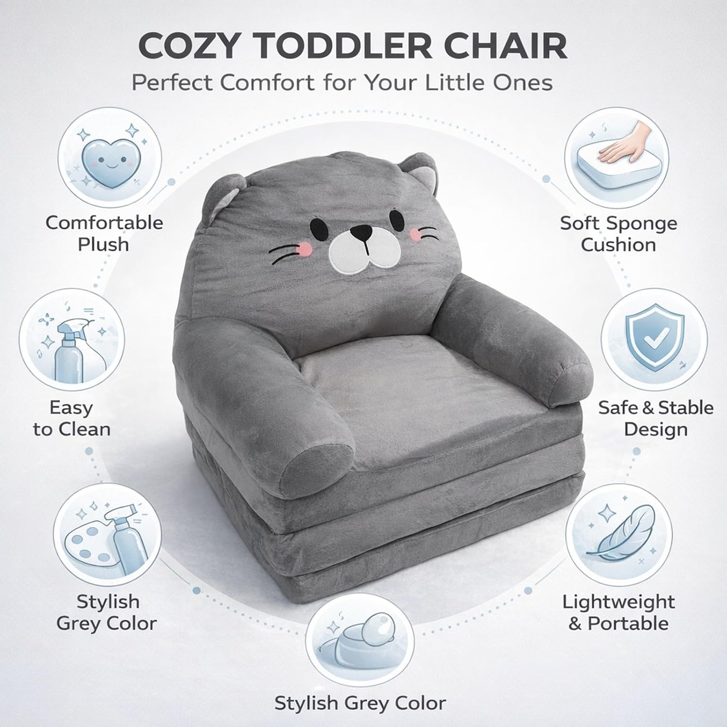 Kids Couch Toddler Chair Plush Cat Design, Foldable Floor Seat Grey 3 Layer - Comfortable Soft Cushion, Portable and, Perfect for Napping and Playing (3 Layers)