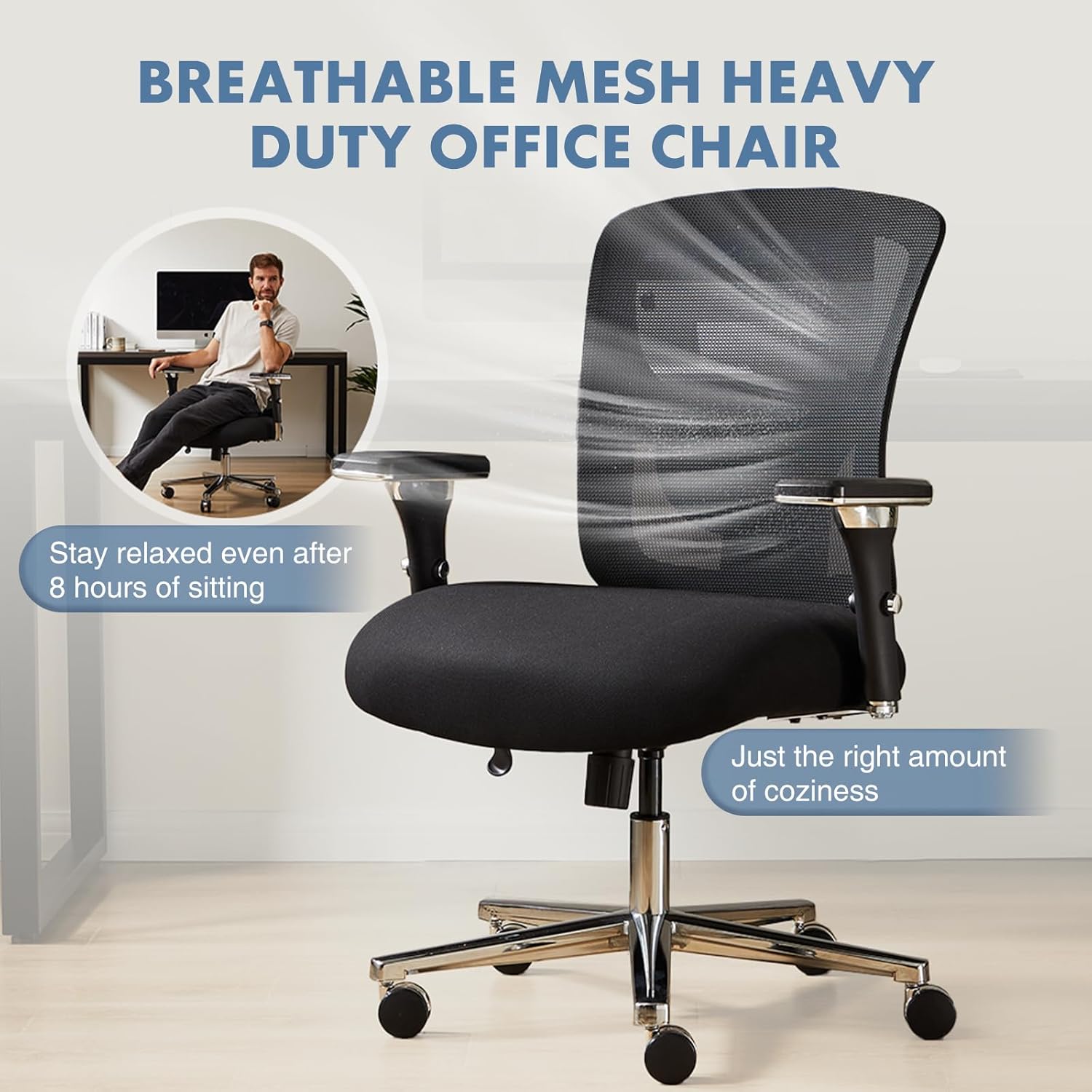 DUMOS Big and Tall Office Desk Chair with Lumbar Support, 500lbs Heavy Duty Mesh Ergonomic Computer Chair with 4D Armrest and Wide Comfy Seat, Swivel Wheels for Adult, Black