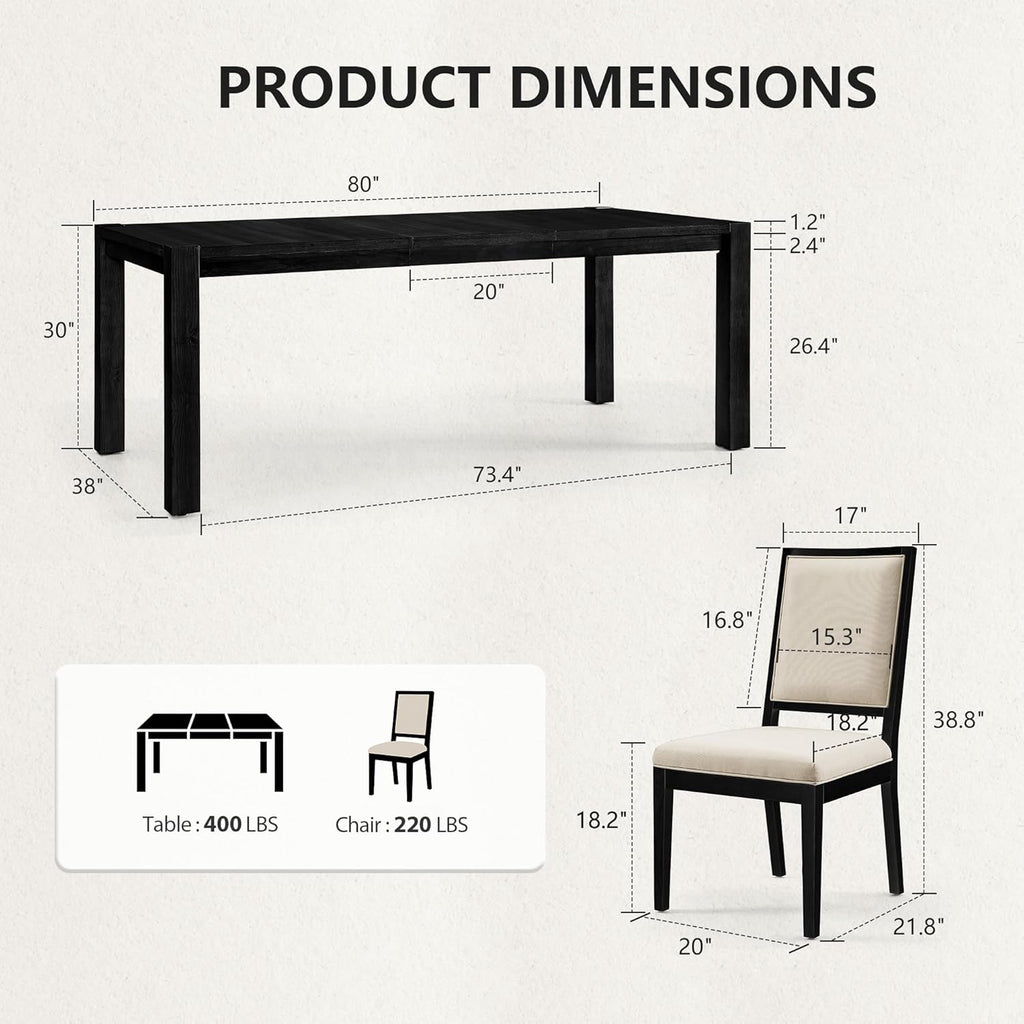 9-Piece Expandable Dining Table Set, 60"-80" Modern Wood Table with 8 Upholstered Chairs, Large Rectangular Extension Set for Dining Room, Conference & Entertaining, Black
