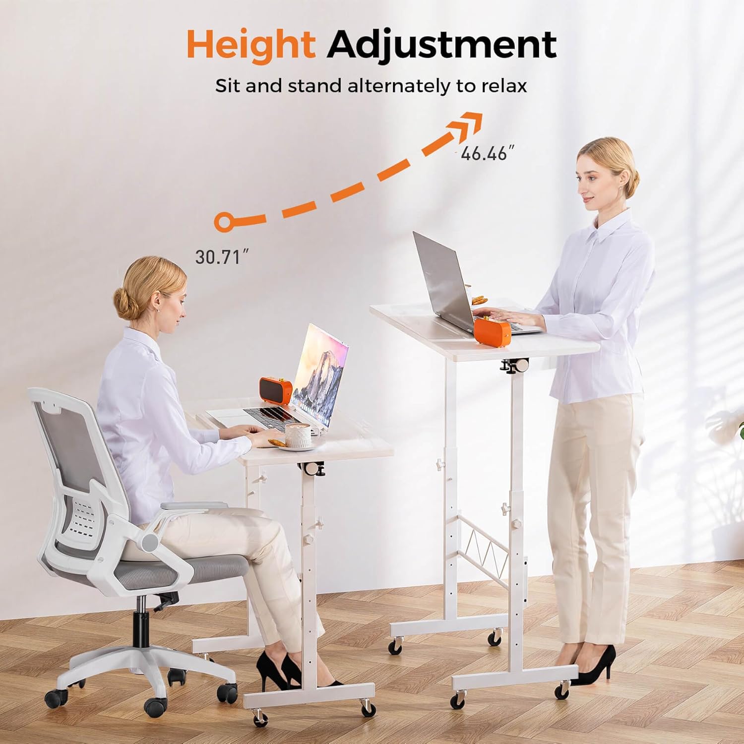 COMHOMA Standing Desk Adjustable Height & Tiltable Tabletop, Portable Stand Up Desk for Laptop, Mobile Folding Desk for Home Office Work and Walking Pad Treadmill, Height 30.7"-46.4", White