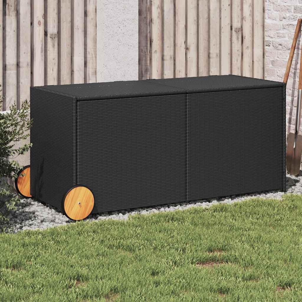 Garden Storage Box with Wheels 74.8 Gal Black Poly Rattan Resin Wicker Outdoor Patio Cushion Container Chest Weather Resistant for Backyard Deck