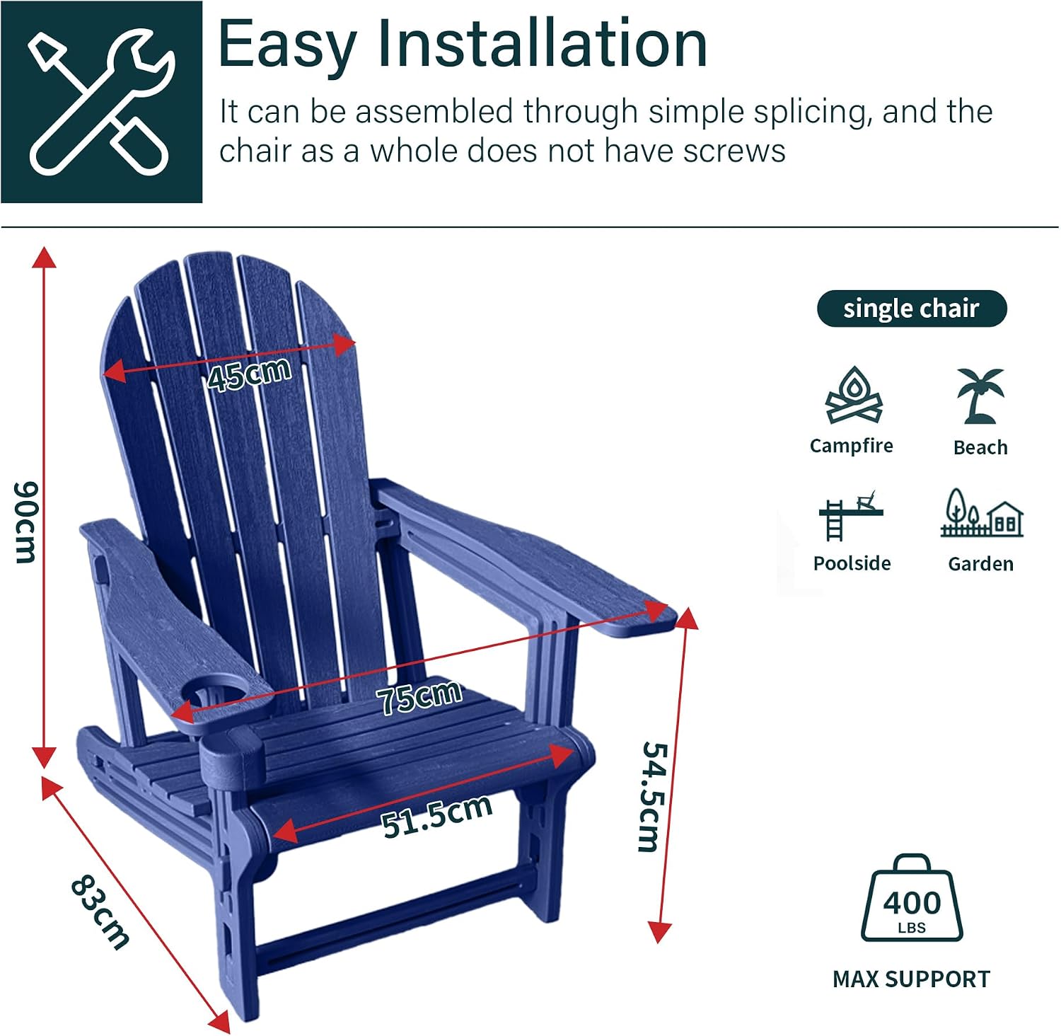 Adirondack Chair with Cup Holder,Tool-Free Assembly,No Screws Needed,All-Weather HDPE Plastic Outdoor Patio Chair,Wood-Grain Slatted Look,Easy to Take Apart for Storage,Fire Pit Chairs（Navy blue）
