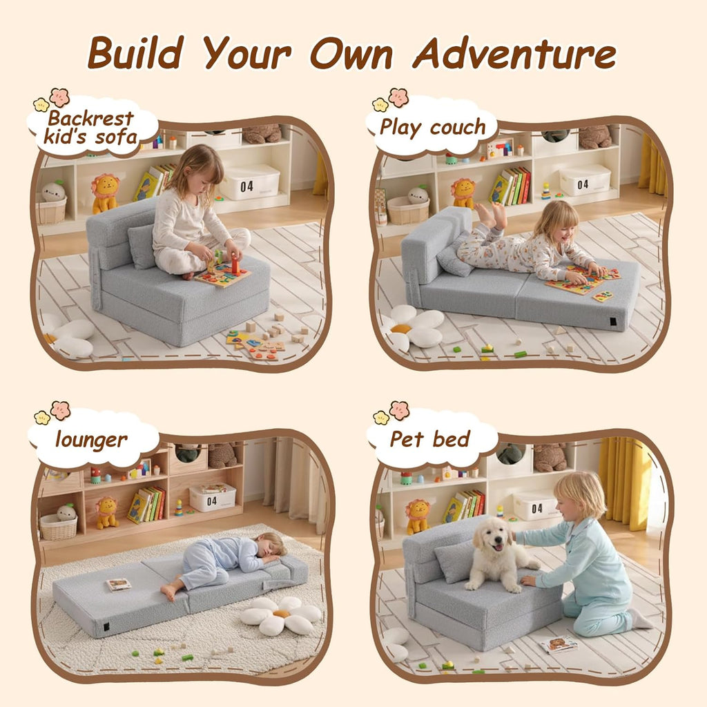 Folding Sofa Bed Mattress for Kids with Pillow, Toddler Washable Folding Floor Mat for Daycare, Child Fold Up Sofa Futon Chair Bed with Storage Bag for Playroom, Camping, Girls and Boys, Grey