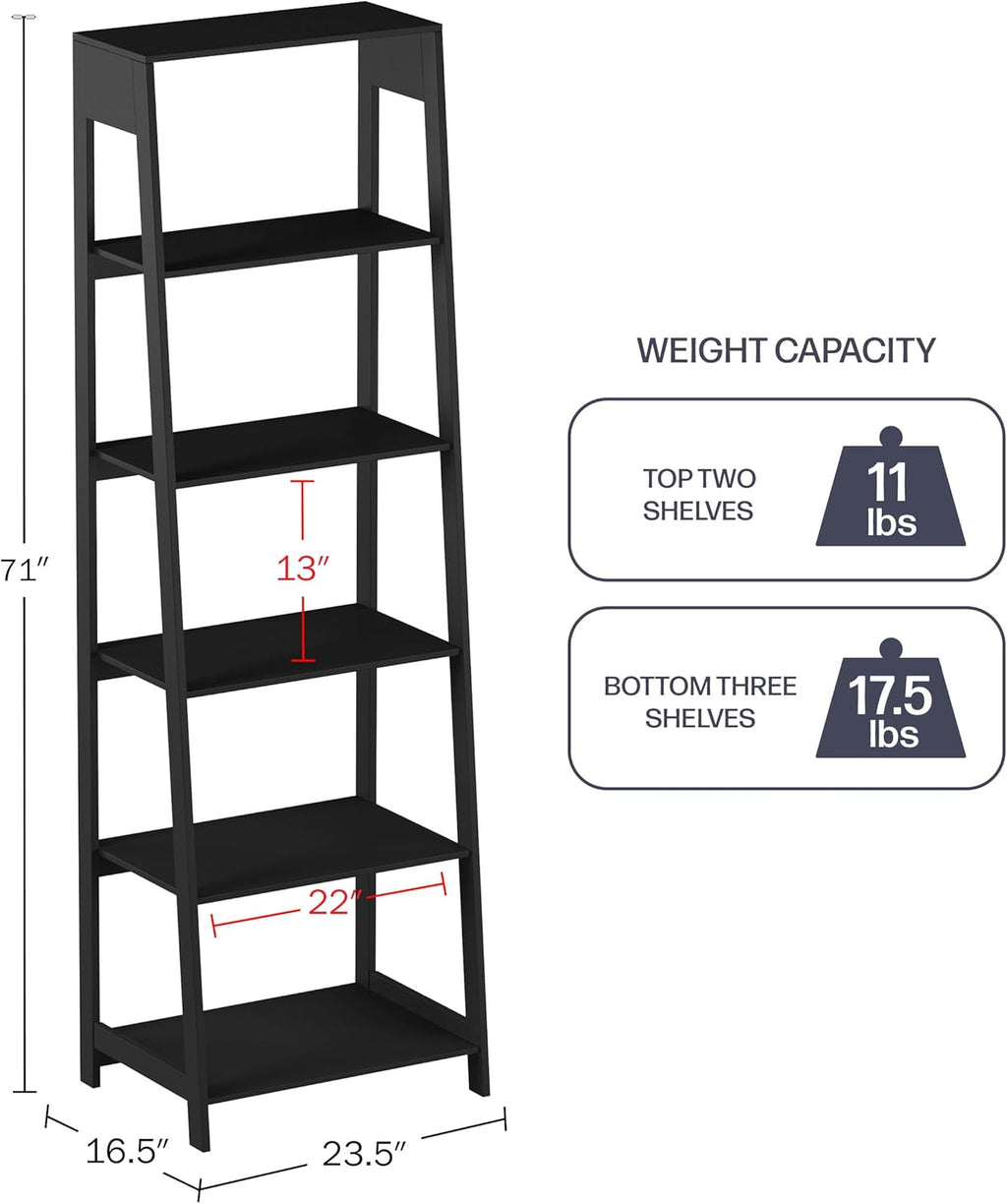 Lavish Home 5-Tier Ladder Bookshelf - Modern Freestanding Wooden Bookcase with Leaning Look Frame Design - Display Shelves for Books, Décor, and Storage in Home, Living Room or Office (Black)