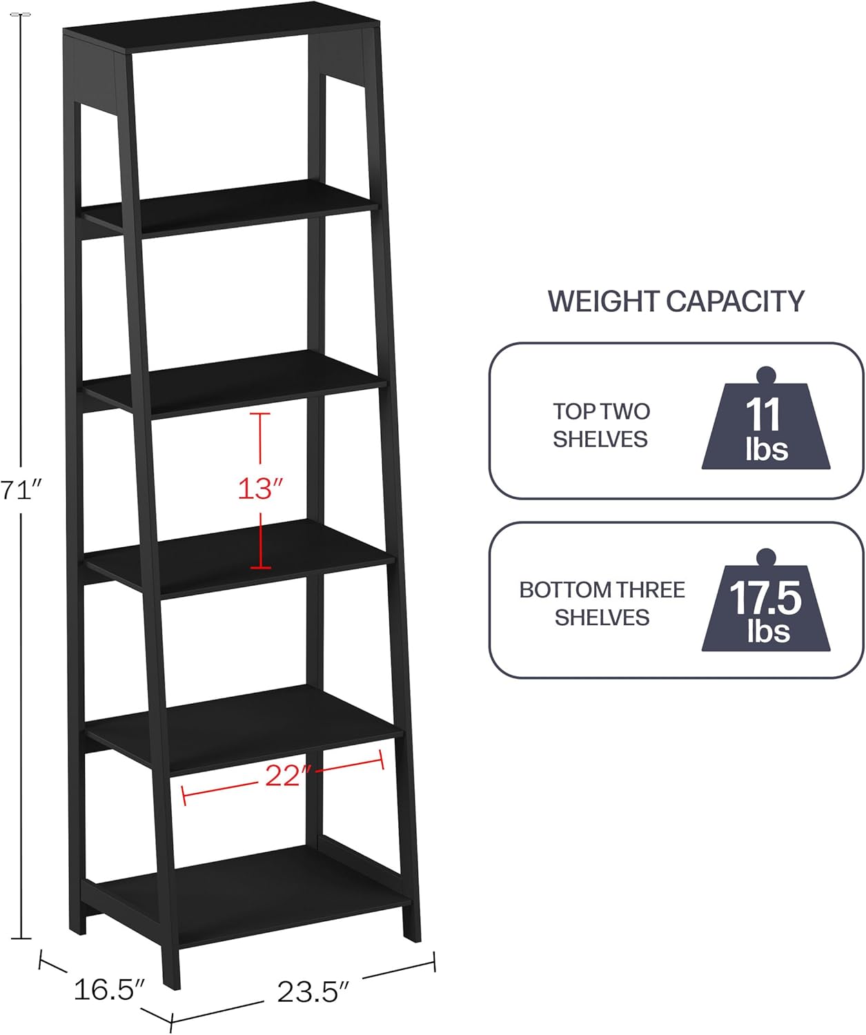 Lavish Home 5-Tier Ladder Bookshelf - Modern Freestanding Wooden Bookcase with Leaning Look Frame Design - Display Shelves for Books, Décor, and Storage in Home, Living Room or Office (Black)
