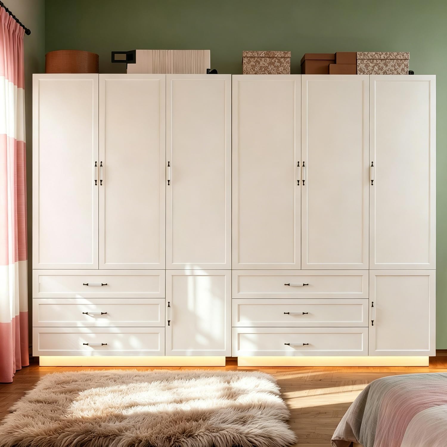 72" Wooden Armoire Wardrobe Closet with 3 Door White Bedroom Armoire with LED Light 3 Drawers Large Modern Wardrobe Cabinet with Retro Ceramic Door Handles and Removable Hanging Rod