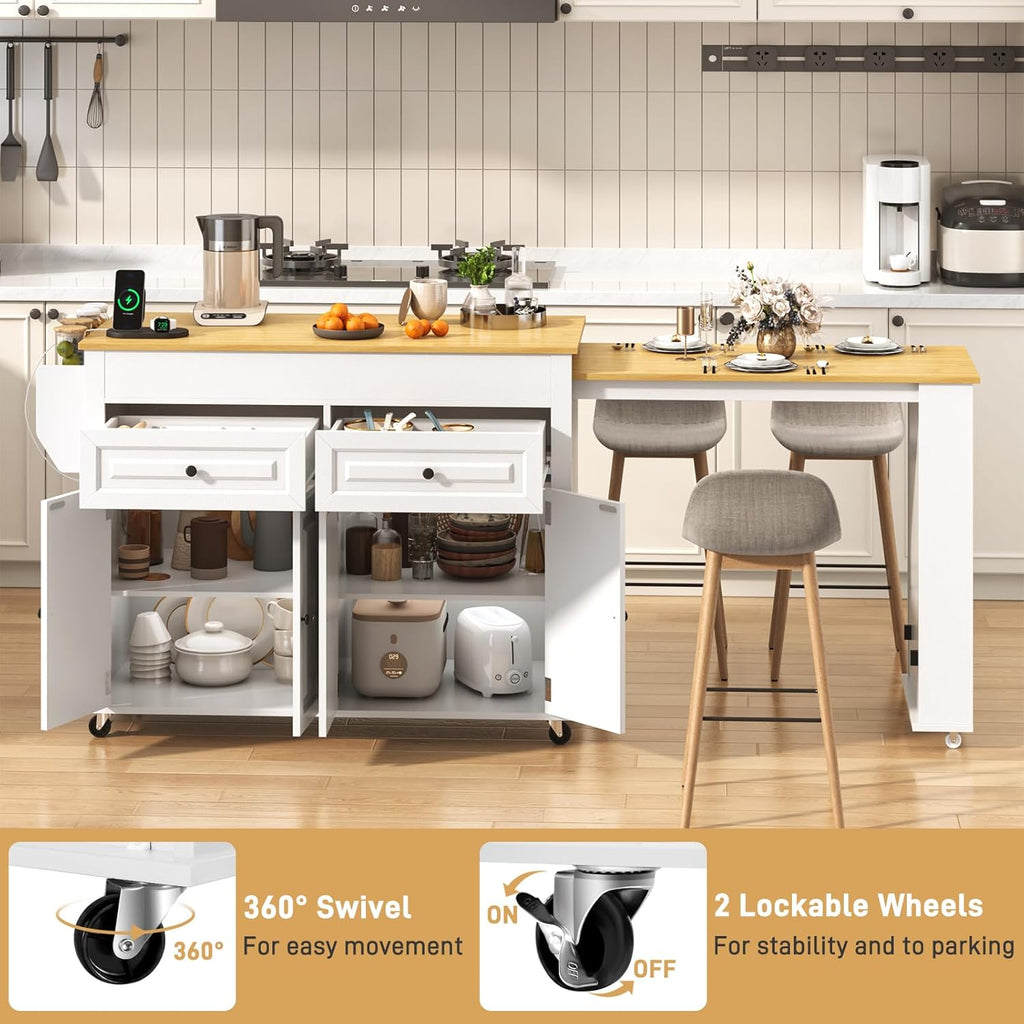80"-48" Extendable Kitchen Island with Extended Dining Table and Power Outlet,Large Mobile Kitchen Storage Islands with 2 Storage Drawers,Rolling Islands Cart with 3 Extra Rows Open Shelves(White)