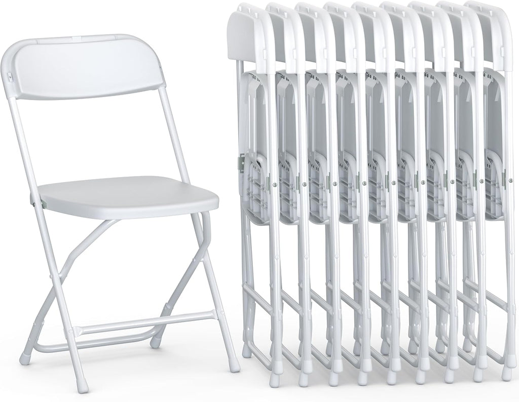 Our Modern Space 10 Pack Foldable Plastic Chair | Folding & Stackable | 350 lbs Capacity Steel Frame Seats for Indoor Outdoor | Commercial Use Events Wedding Party Bulk Picnic Kitchen Dining - White