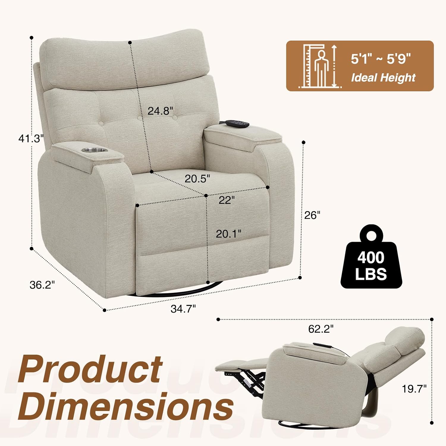 Power Swivel Rocker Recliner with Massage & Heat, Power Glider Recliners with Type-C Port & Timing, Oversized Swivel Glider Recliner with Dual Storage Arms & Cup Holder, Chenille Camel
