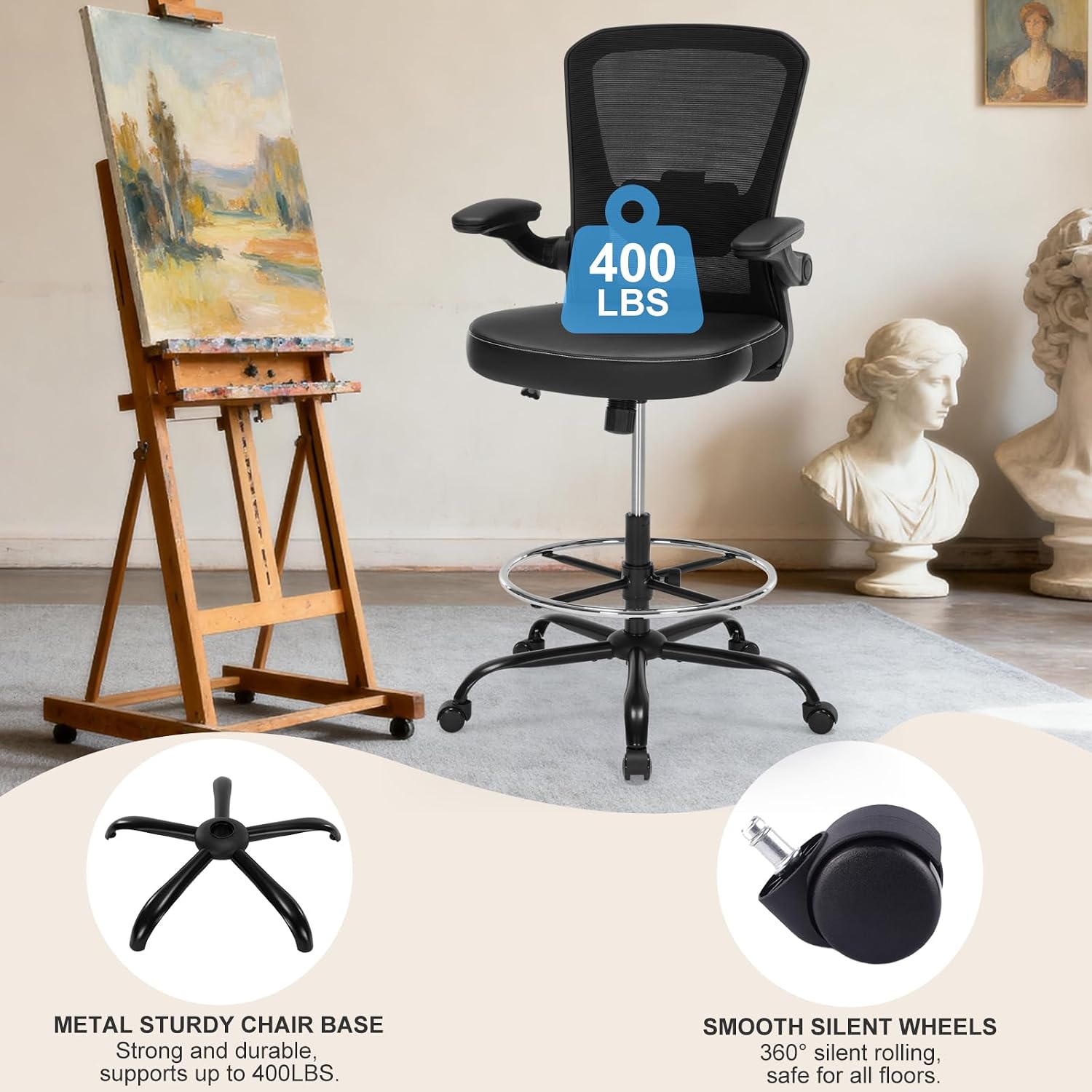 Drafting Chair Tall Office Chair with PU Leather Seat, 400lbs Ergonomic Standing Desk Chair with Lumbar Support,Counter Stool with Adjustable Footrest Ring & Flip-up Armrests,Black