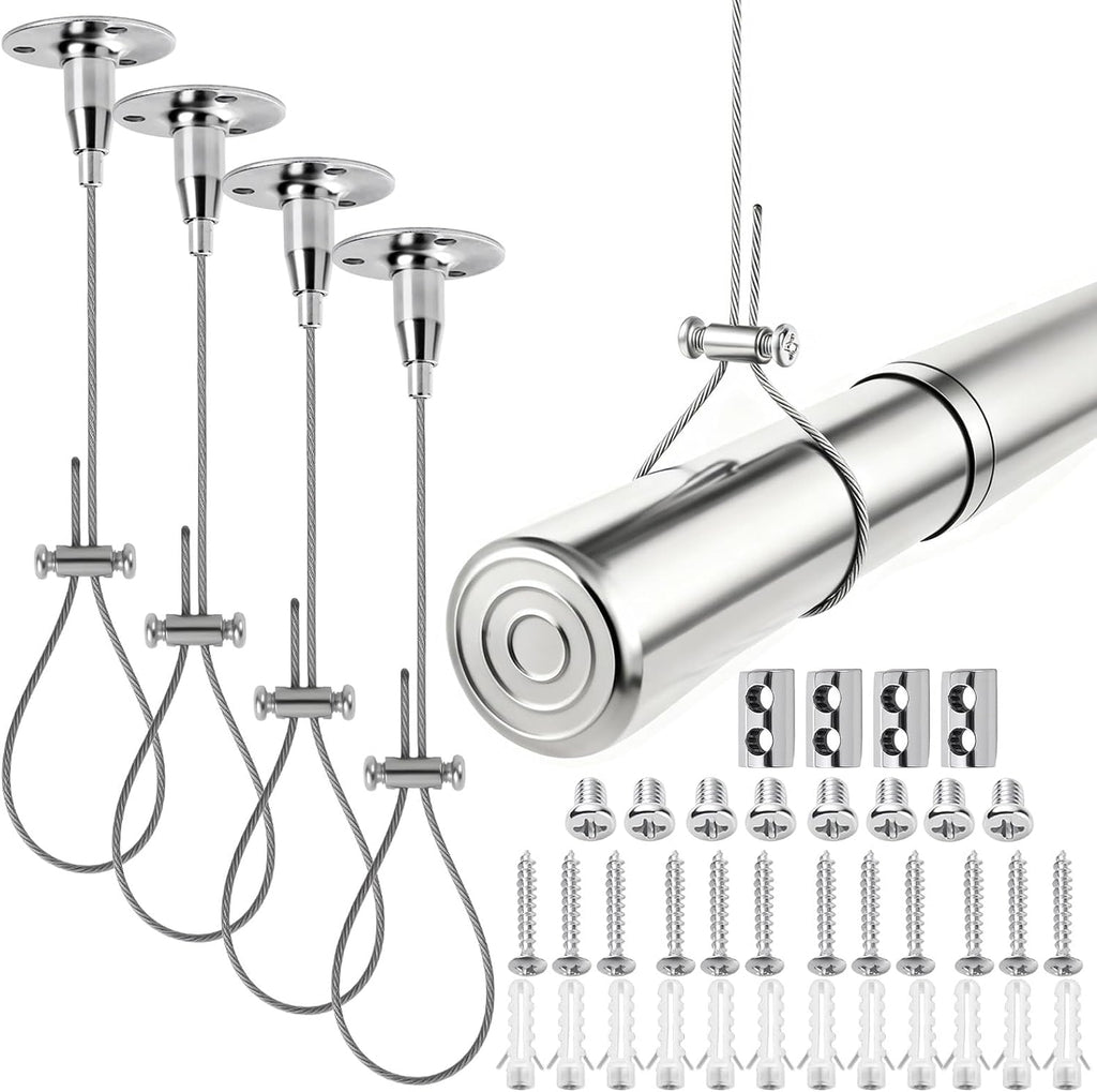 4 Pack Ceiling Mount Curtain Rod Support, 117" Heavy Duty Adjustable Stainless Steel Suspension Wire, Rustproof Anti-Sagging Bracket Kit for Curved, L-Shaped Rods, Closet Poles