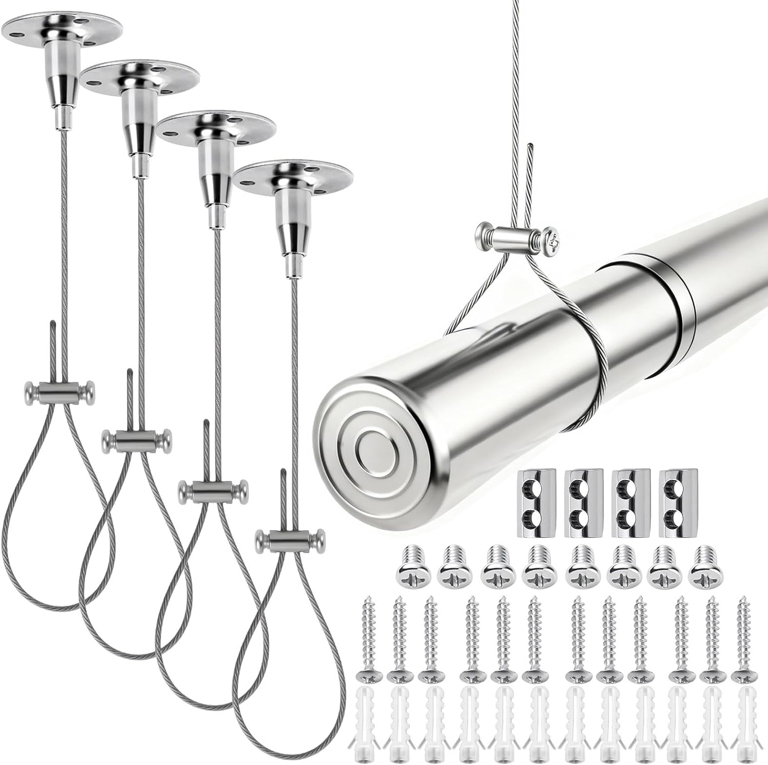 4 Pack Ceiling Mount Curtain Rod Support, 117" Heavy Duty Adjustable Stainless Steel Suspension Wire, Rustproof Anti-Sagging Bracket Kit for Curved, L-Shaped Rods, Closet Poles