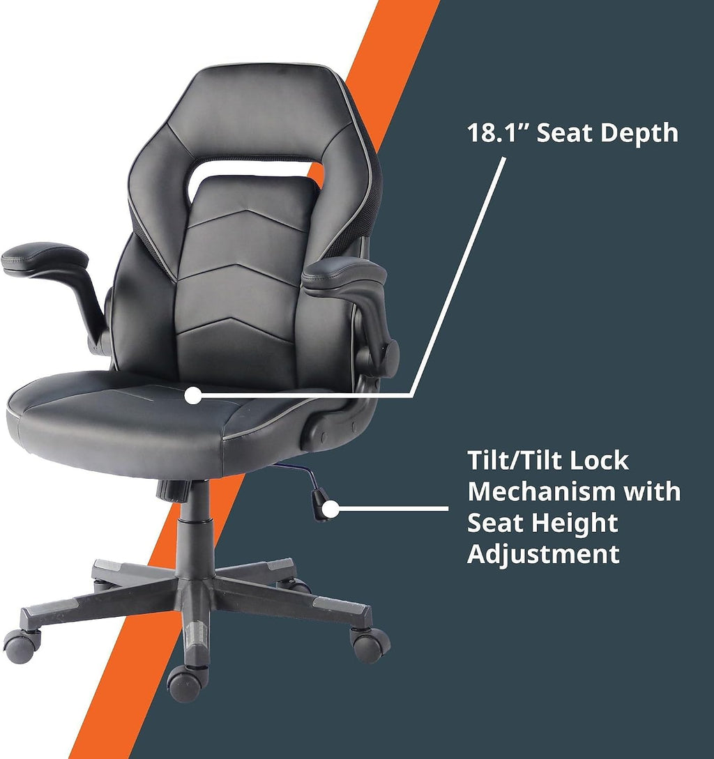 NuSparc SpawnSafe Gaming Chair, Adjustable Height, Flip-up Armrests, 360° Swivel, Black/Grey