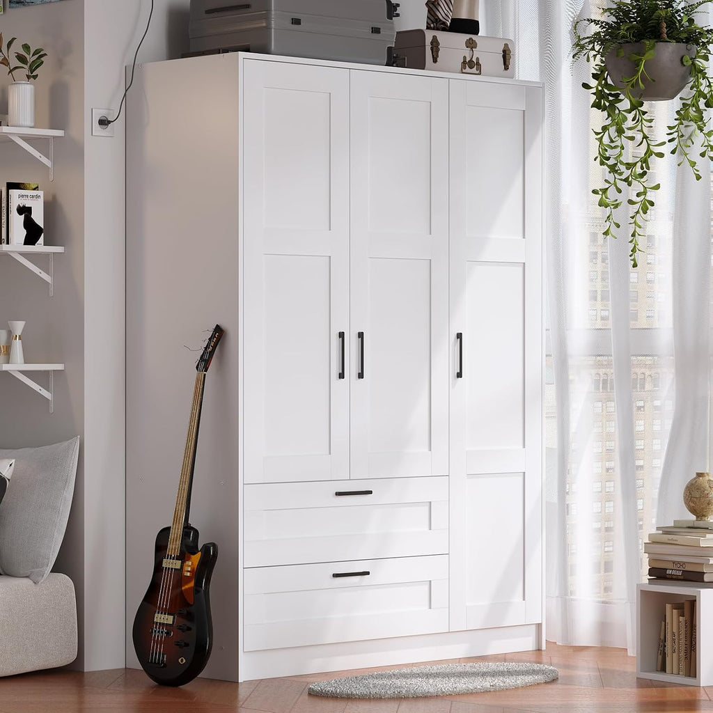 Fenghua Lizhi 3 Doors Wooden Wardrobe Closet Armoire, White Storage Cabinet for Hanging Clothes, Bedroom Large Capacity Freestanding Armoire,Wood Wardrobe Combination with Shelves (2drawer, White)