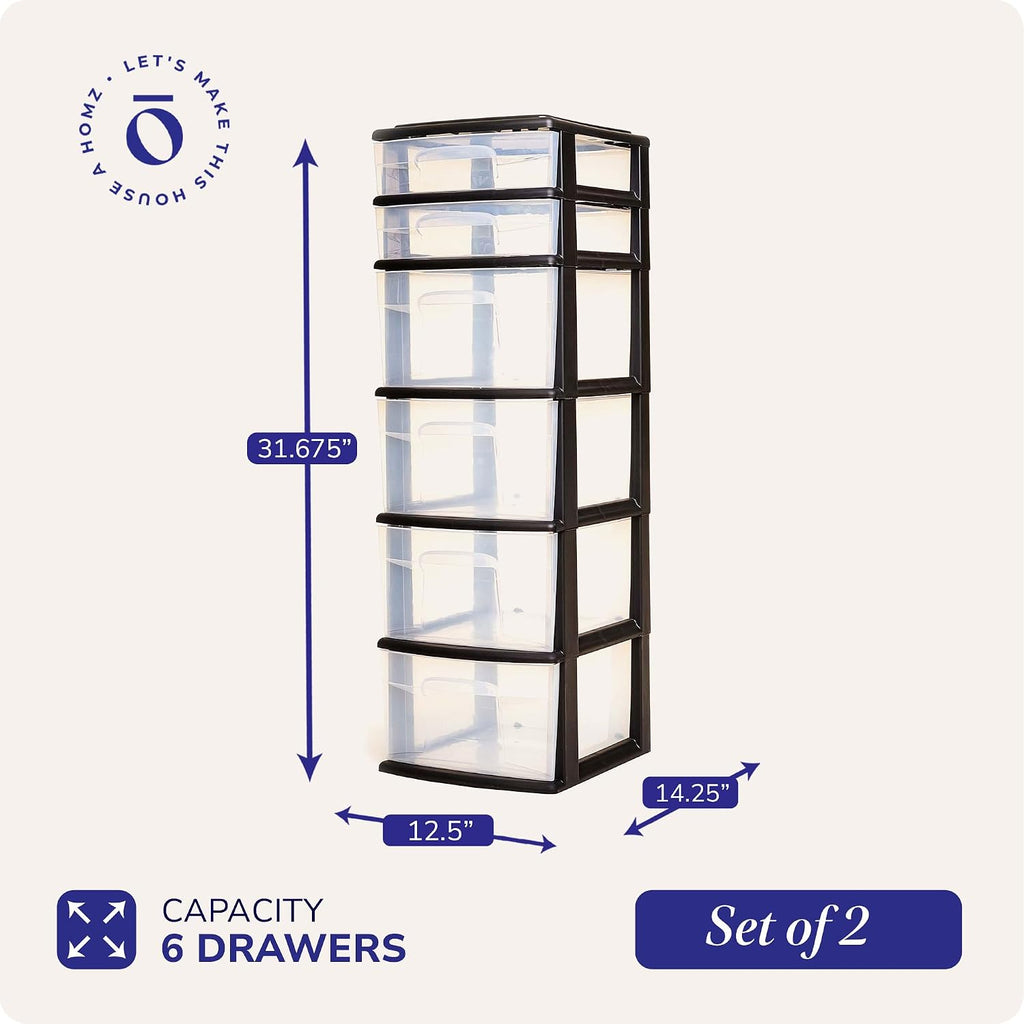 HOMZ 2-Pack Drawer Tower, 6-Tier Clear Plastic Storage Organizer Cart, Black Frame - Organizing Containers for Home, Office, Bathroom, Bedroom, and Classroom