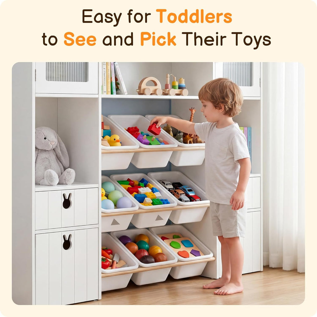 46.46" H Kids Toy Storage Organizer,Toy Chest with Book Shelf,Toy Bins,Storage Cubbies,Drawer and Rolling Cubbies,Easy Access and Clean,Space Saving for Playroom,Bedroom,Living Room (White)