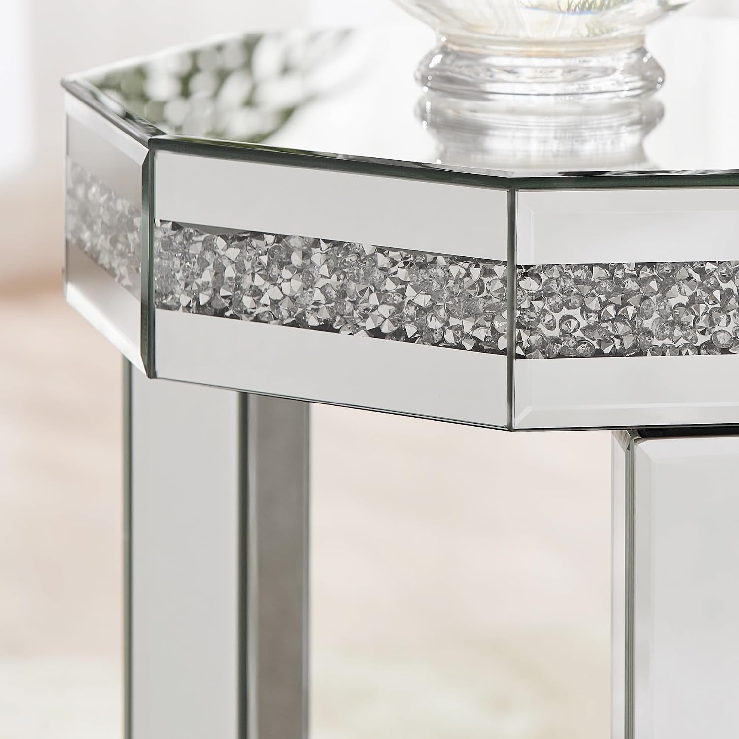IKIFLY Mirrored End Table with 2-Tier, Crushed Diamond Nightstand with Octagonal Tabletop, Silver Accent Beside Table with Storage for Living Room, Bedroom and Office