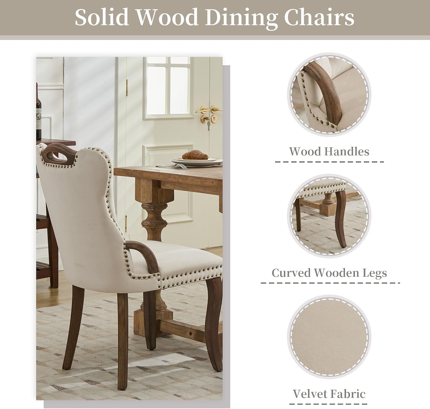 Shenyon Beige Velvet Dining Chairs Set of 2，Modern Upholstered Dining Room Chairs with Tufted Back and Wood Handles, Curved Solid Wood Legs, Sillas de Comedor