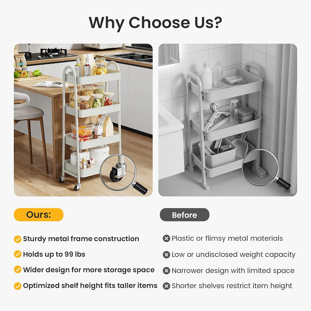 DUMOS 4 Tiers Metal Rolling Utility Cart with Lockable Wheels, Mobile Storage Organizer, Utility Shelving Unit for Kitchen, Office, Bathroom, Laundry, Narrow Places, White