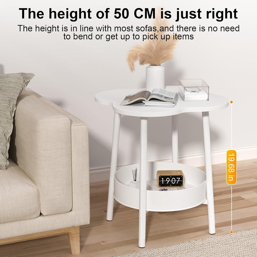 Small Coffee Table, 2 Tier Flower Shaped Desktop Accent Table, Modern Couch Bedside End Tables, Nightstand for Bedroom or Living Room, Small Spaces Display Side Tables White