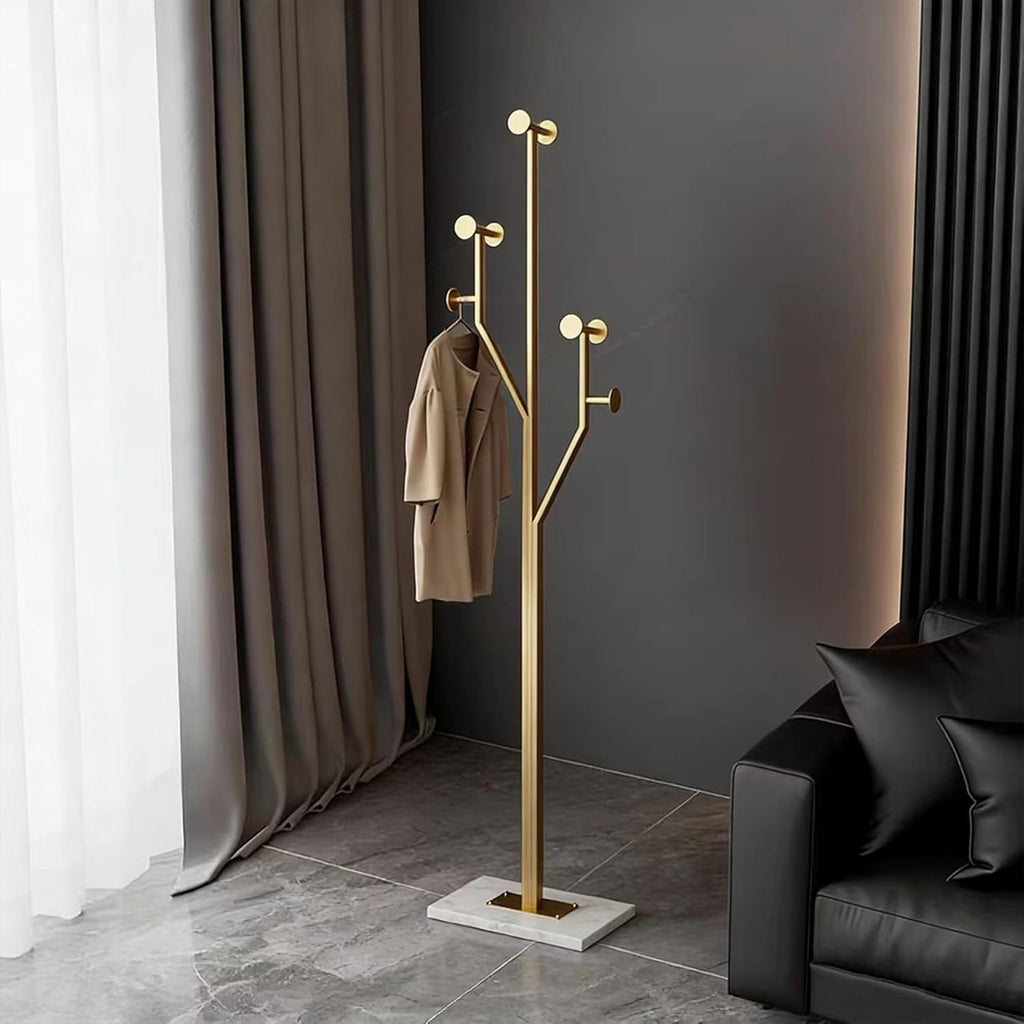 SYO Gold Metal Coat Rack (with Marble Base) — Entryway Standing Coat Stand, Heavy-Duty Vertical Design, Suitable for Entryways, Bedrooms, and Living Rooms
