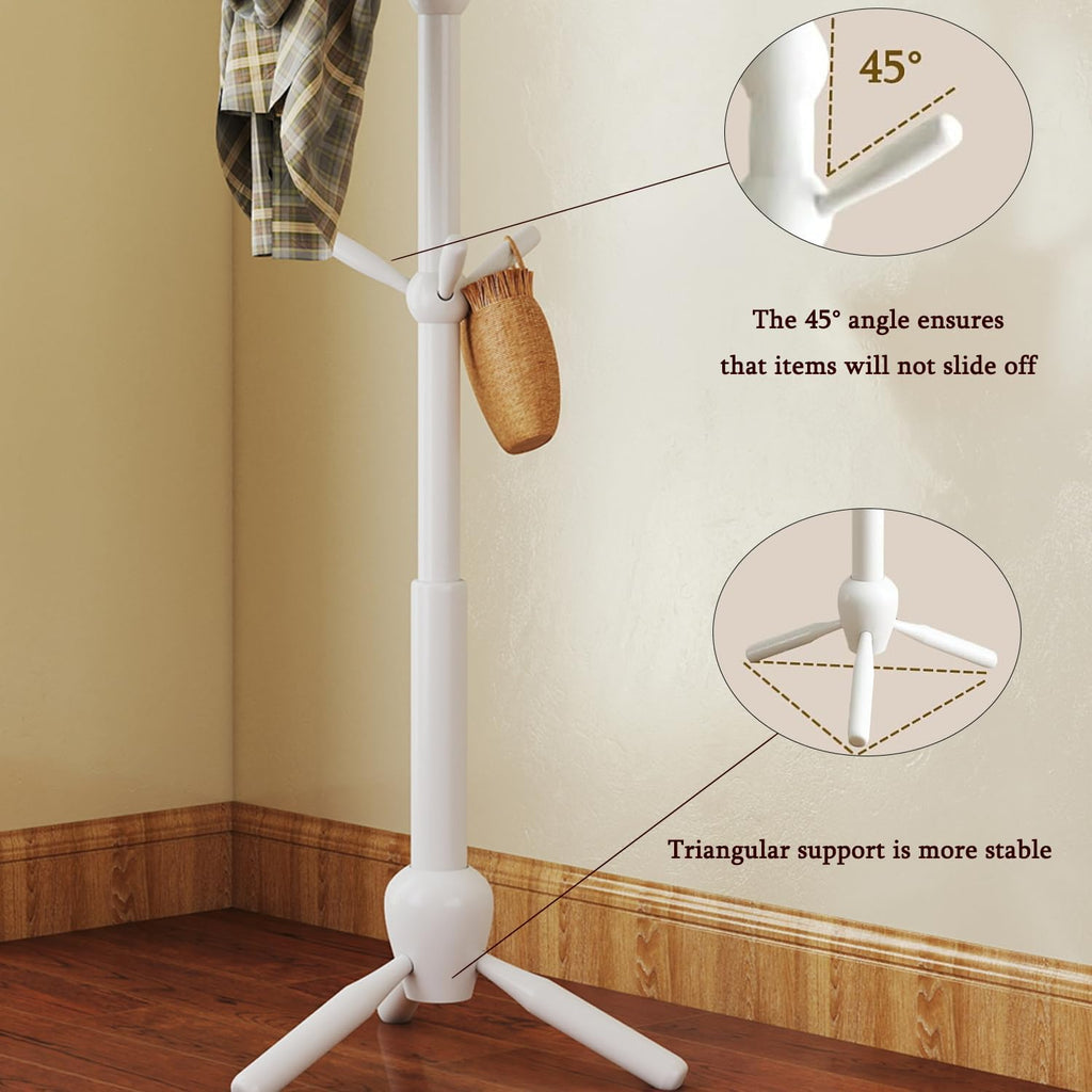Solid Wood Coat Rack Stand, Morden Heavy Duty Coat Hanger Stand with 9 Hooks, 3 Adjustable Size Sturdy Coat Tree for Living Room, Entryway, Office, Hallway, White
