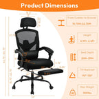 Desk Chair with Foot Rest, High-Back Mesh Office Chair with Wheels, Reclining Gaming Chair with Headrest and Adjustable Lumbar Support, 90°-130° Reclining, for Home Office and Gaming, Classic Black