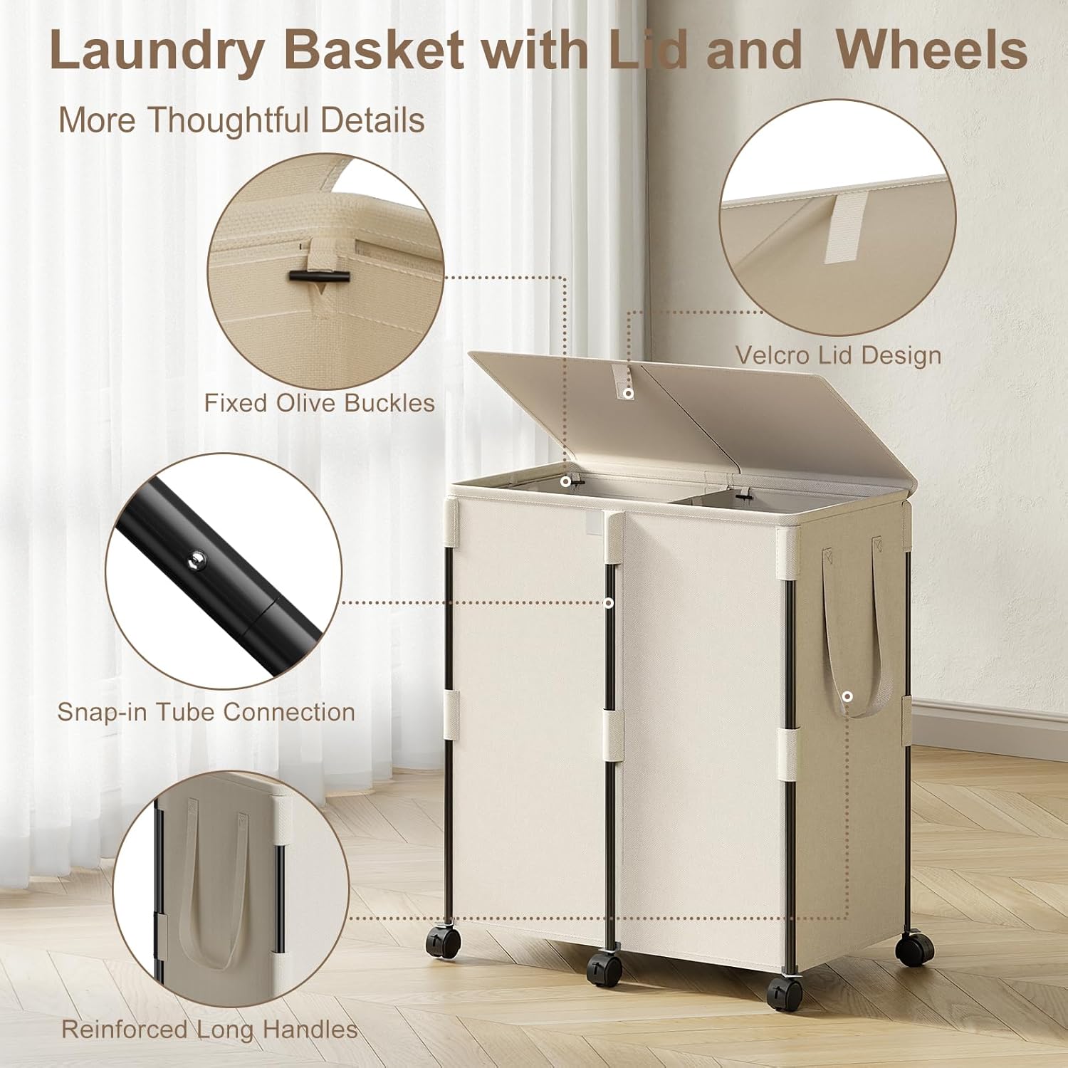 140L Double Laundry Hamper with Lid and 6 Wheels, Rolling Laundry Basket with 2 Removable Bags, Heavy Duty Metal Frame Clothes Cart, 2-Section Laundry Sorter for Bedroom, Bathroom (White)