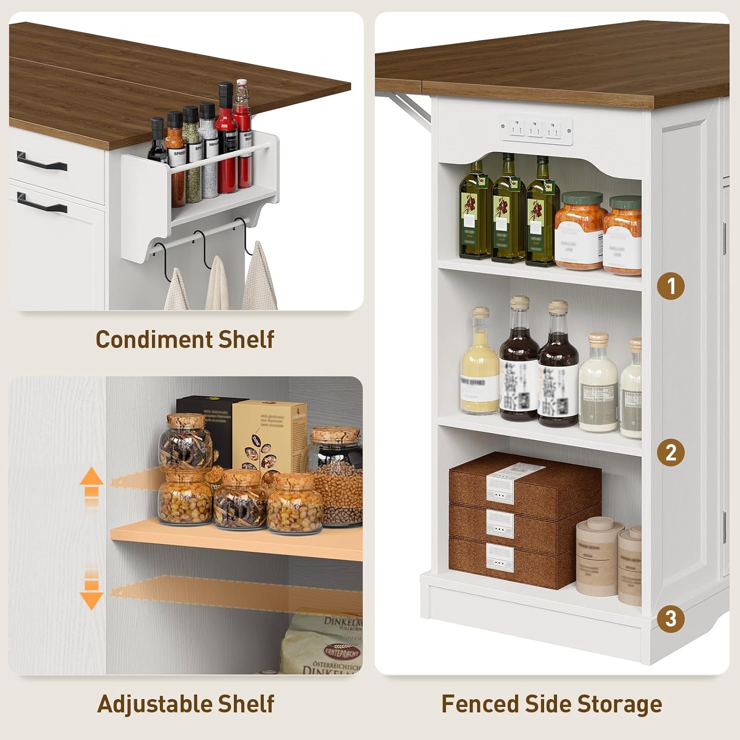 RALGEND Kitchen Island with Power Outlet & Drop Leaf, Rolling Storage Cart with Trash Storage Cabinet, Farmhouse Mobile Island Table for Kitchen, Dining Room, Hidden Casters, White and Walnut