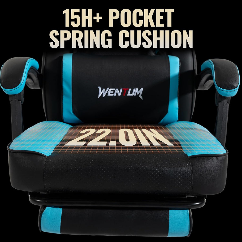 Massage Gaming Chair, Big and Tall Computer Game Chair with Lumbar Support & Footrest, Breathable PU Leather Gamer Office Desk Chair with Adjustable Height and 360° Swivel Wide Seat, Blue